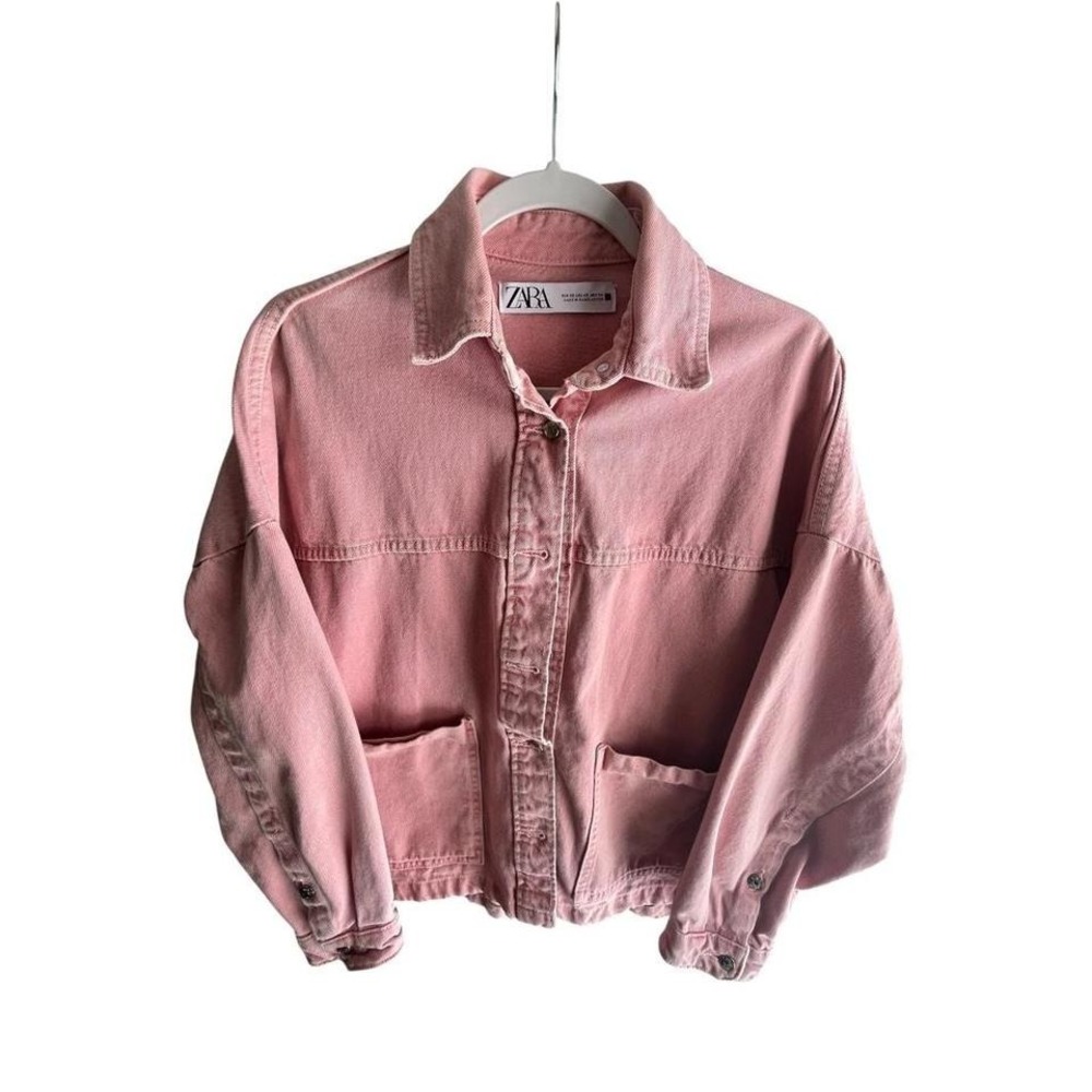 Zara dusty pink oversized denim jacket XS shacket snap button front two pocket
